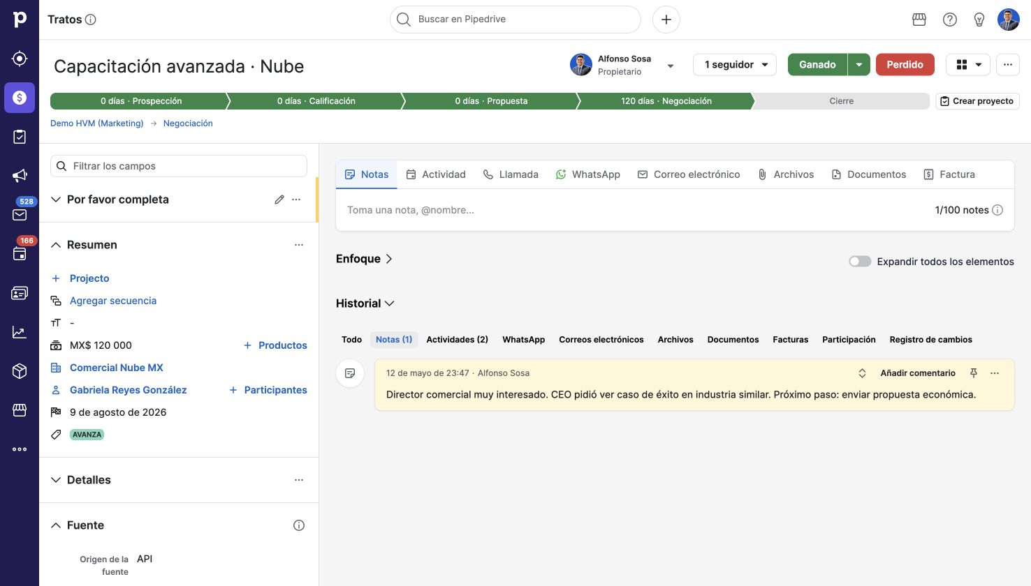 Leer una oportunidad. Pipedrive en una cuenta de demostración.